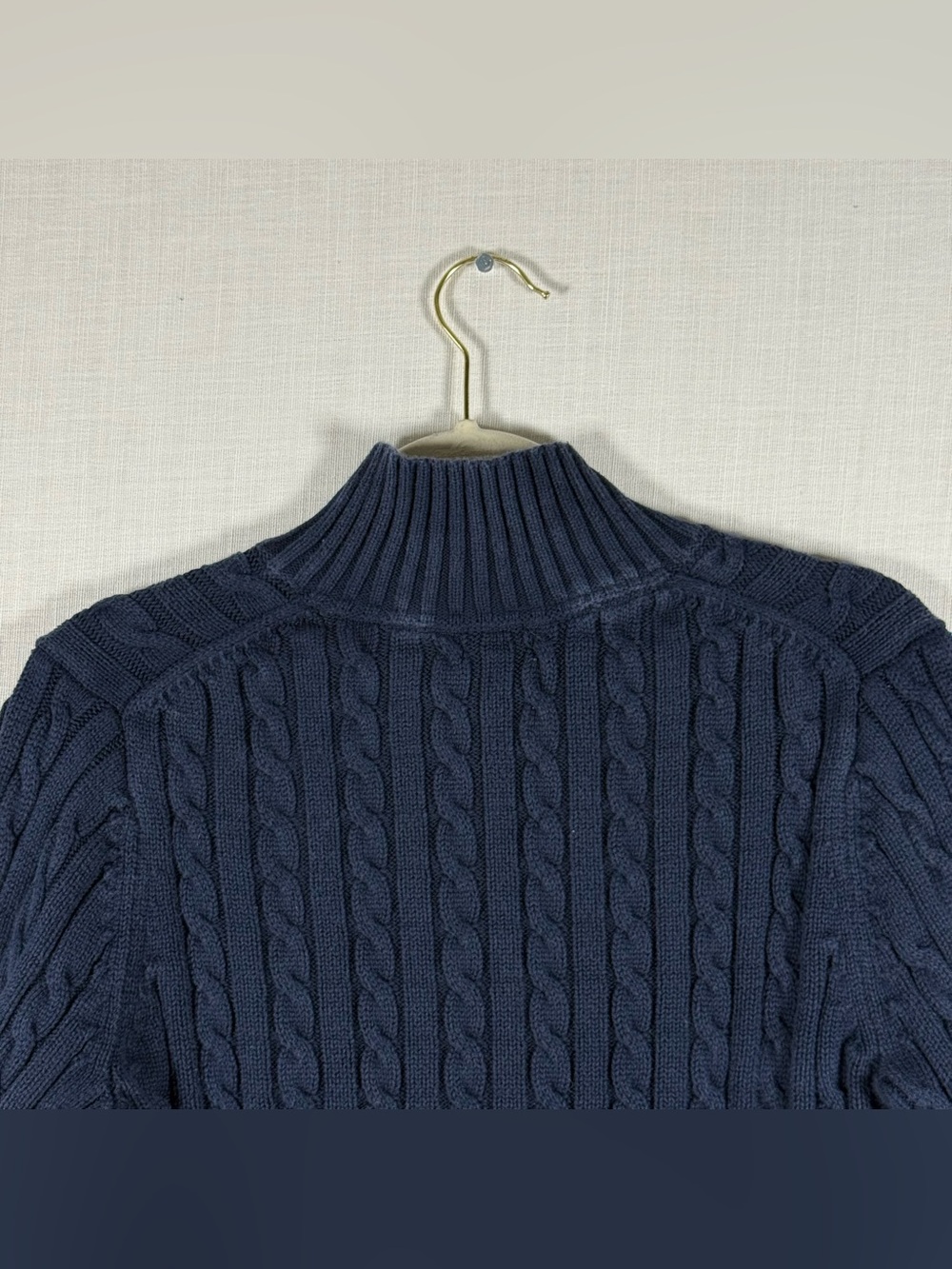 LL Bean Women’s Navy Blue Cotton Cable Knit Shawl Collar Sweater Medium - Picture 8 of 9